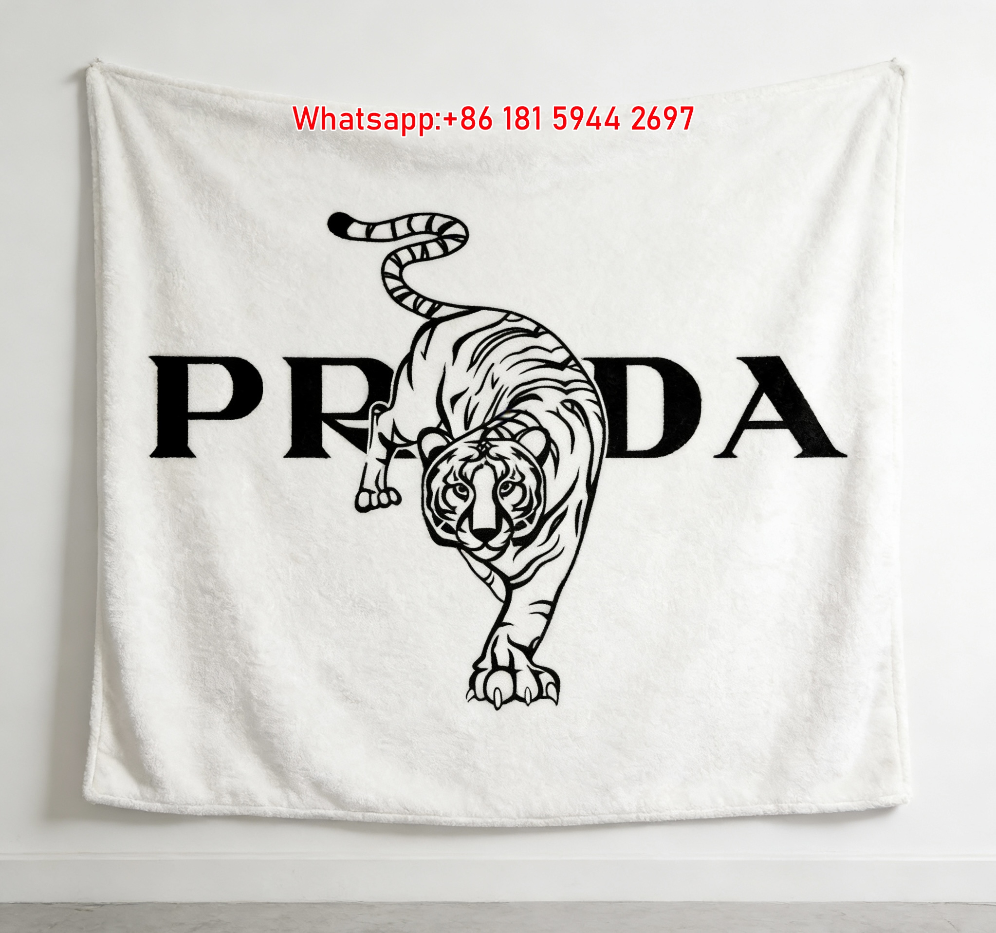 Prada Black White Tiger Logo Print Fleece Sofa Throw Blanket Luxury IMG_2676